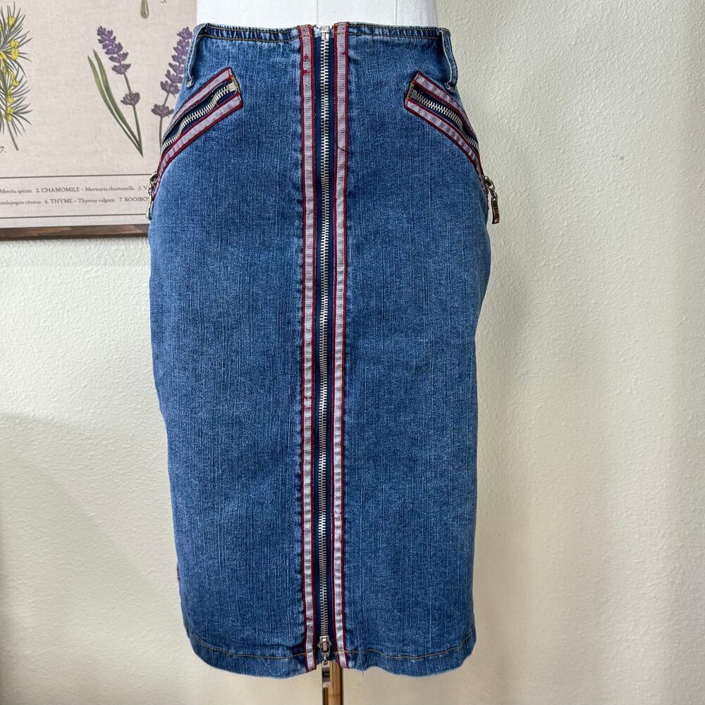 Vintage 90s Y2K Embellished Denim Zip Up Jean Skirt Retro Americana Grunge S 6